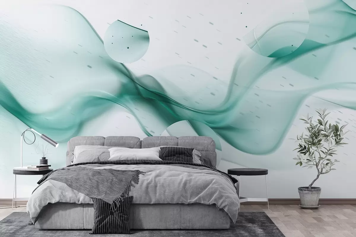murales de pared Abstracción de ondas geométricas, estilo borroso, degradado, colores aguamarina w03404v2
