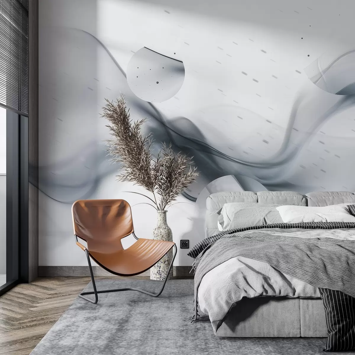 murales de pared Abstracción de ondas geométricas, estilo borroso, degradado, colores grises w03404v3