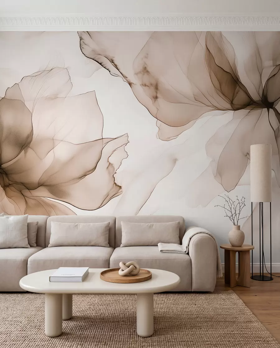 murales de pared Flores de estilo fluido, abstracción floral, acuarela, paleta de colores beige  w03406v3