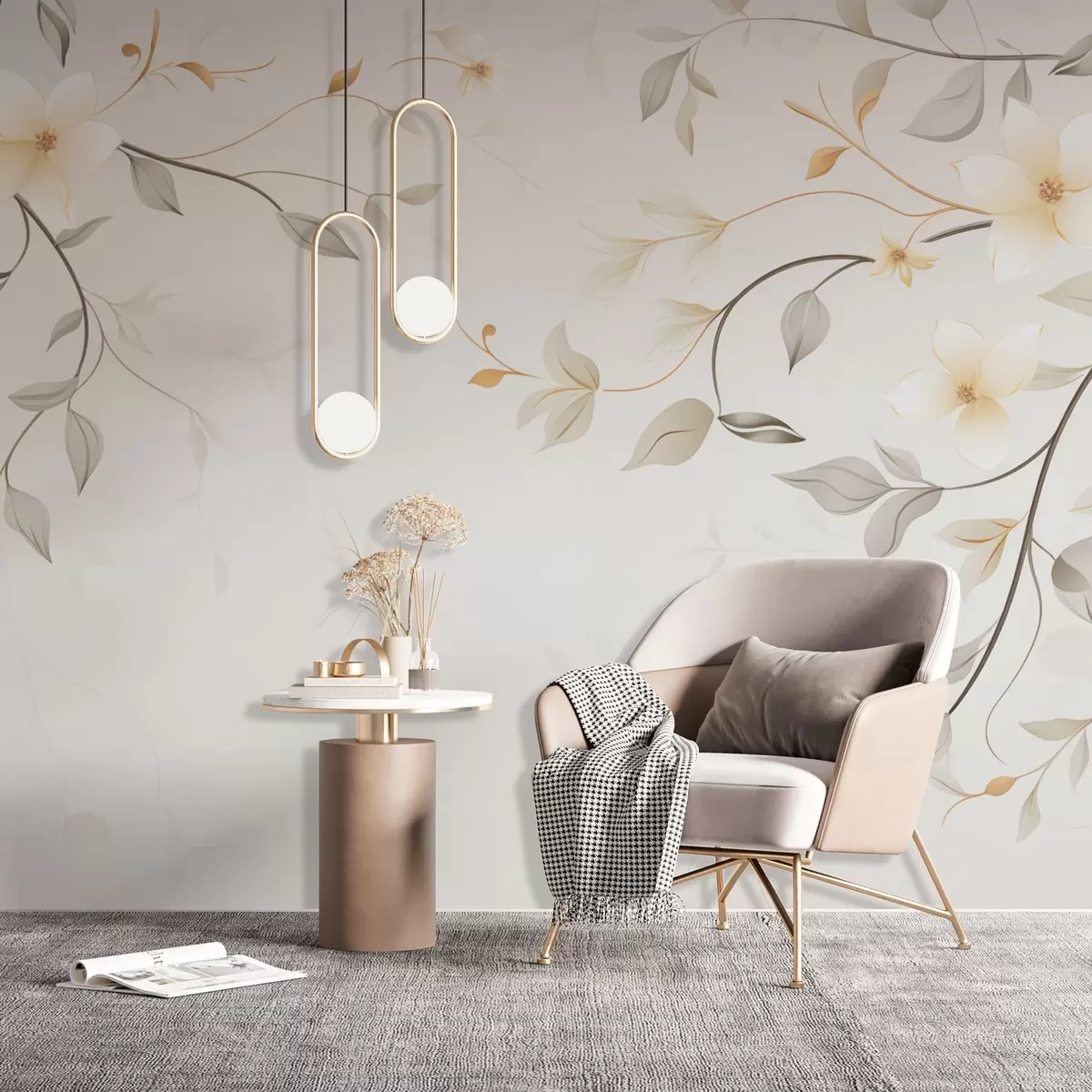 murales de pared Ramas colgantes con flores y hojas w03439