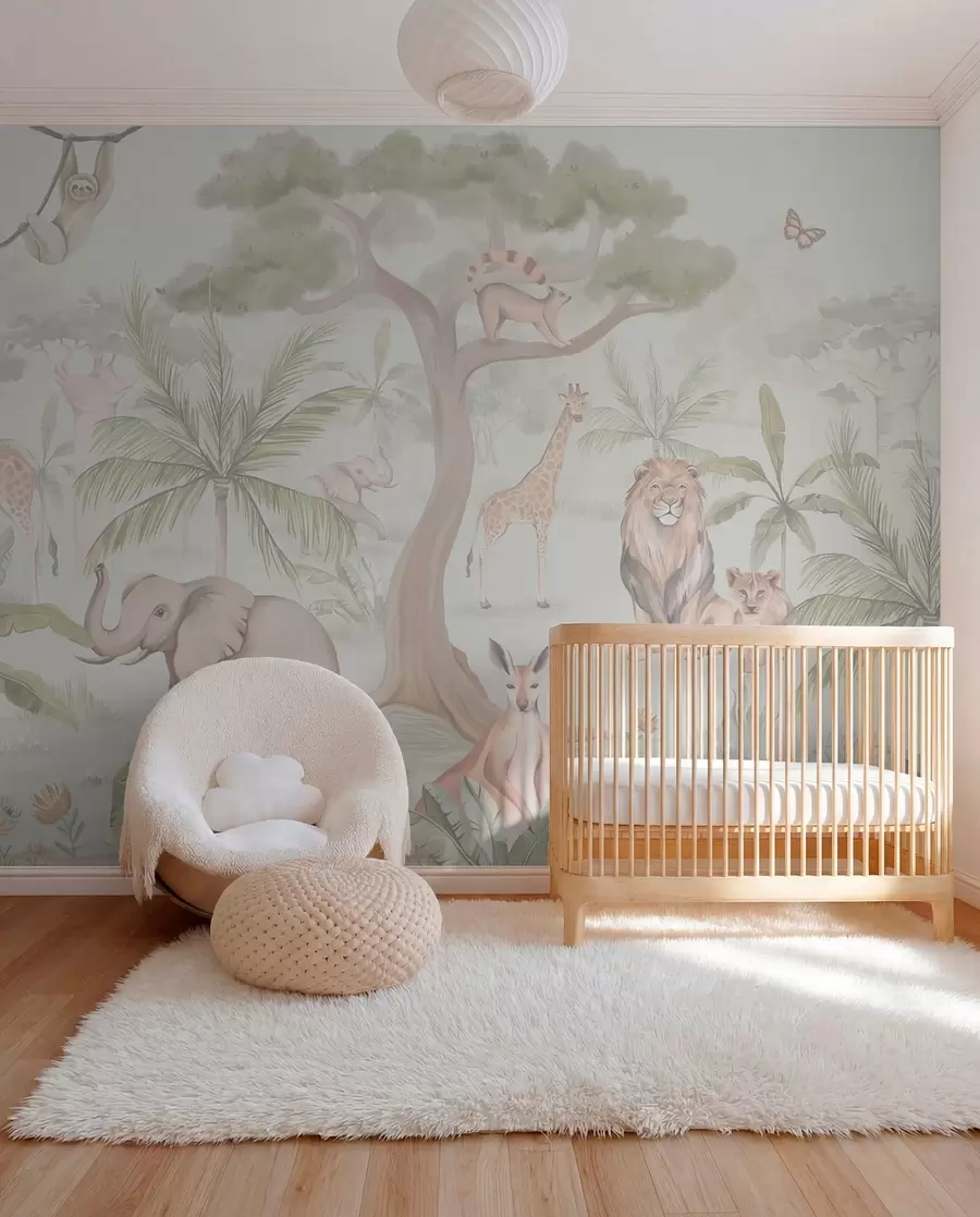 murales de pared Panorama de selva con animales en colores claros w03444v1