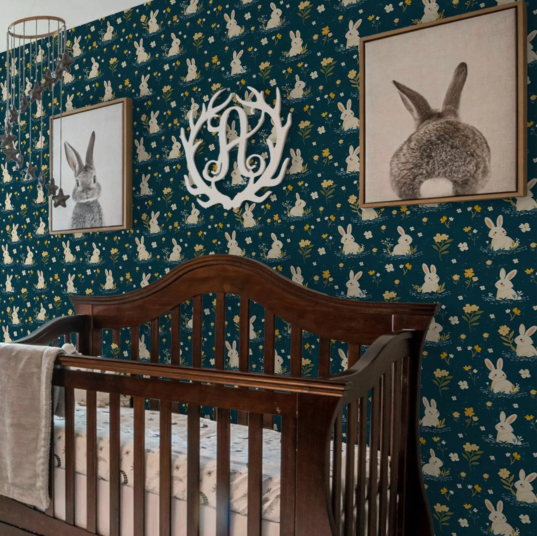 murales de pared Conejos en hierba y flores sobre fondo oscuro a00080