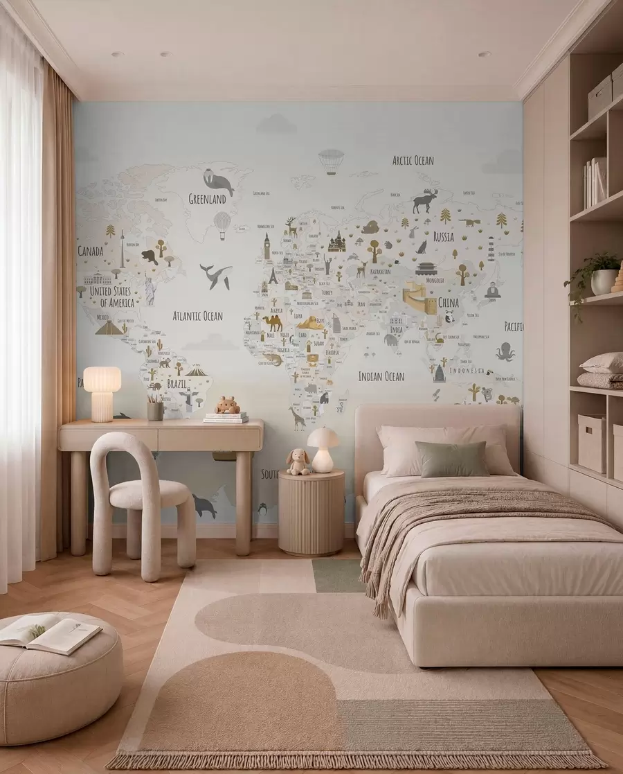 murales de pared Mapamundi con animales y puntos de referencia w03410v1
