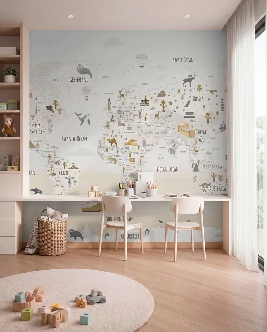 murales de pared Mapamundi con animales y puntos de referencia w03410v1