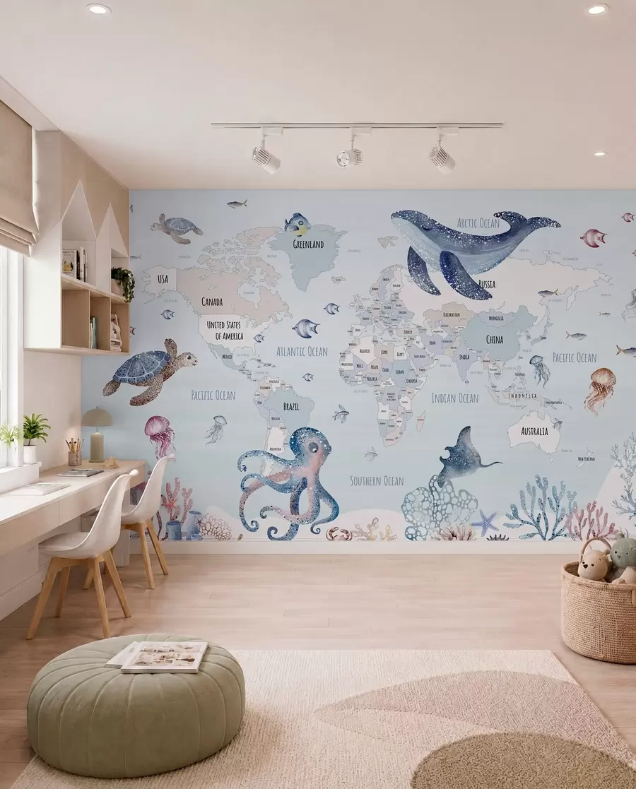 murales de pared Mundo submarino con mapamundi w03526