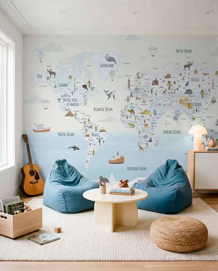 murales de pared Mapamundi con animales y puntos de referencia w03410