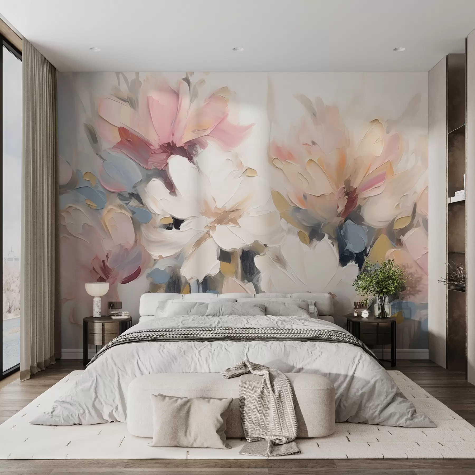 murales de pared Flores abstractas al óleo en tonos suaves w03575