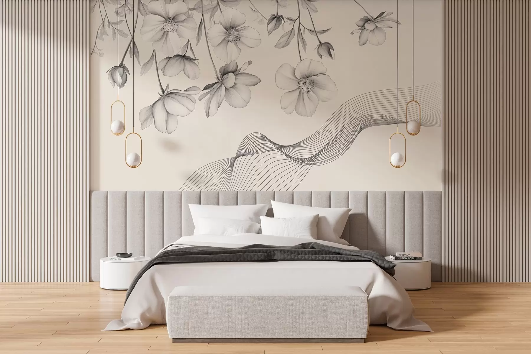 murales de pared flores y líneas gráficas sobre fondo claro w03454