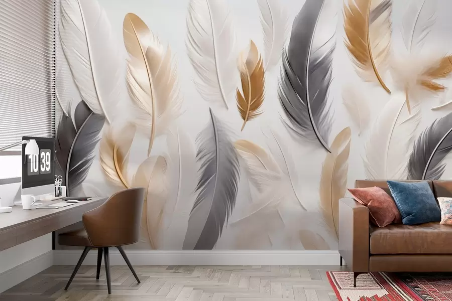 murales de pared Plumas beige-gris en tonos suaves y tranquilos w08955