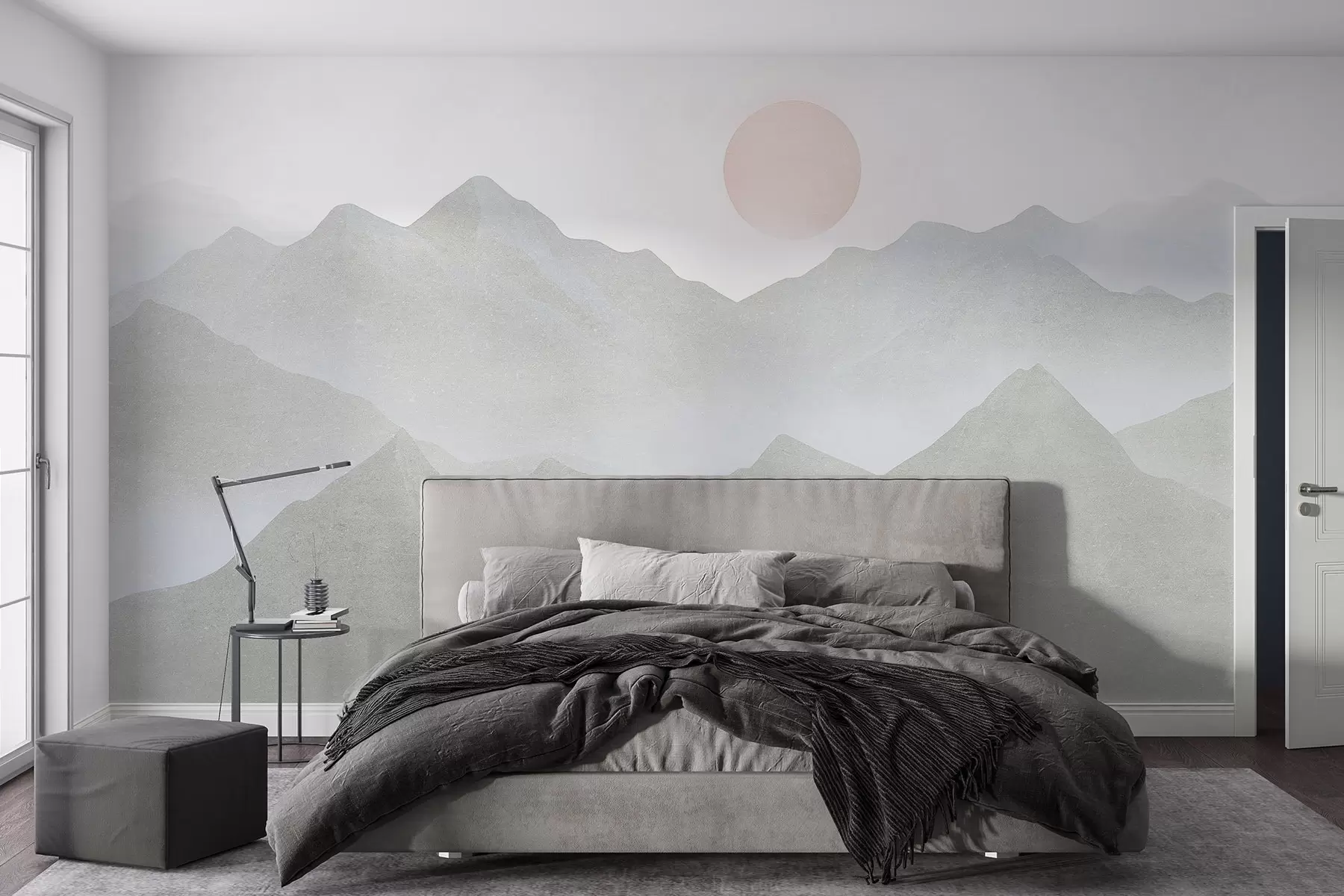 murales de pared Paisaje de montaña estilo boho, puesta de sol, pastel suave, gris w03547v1