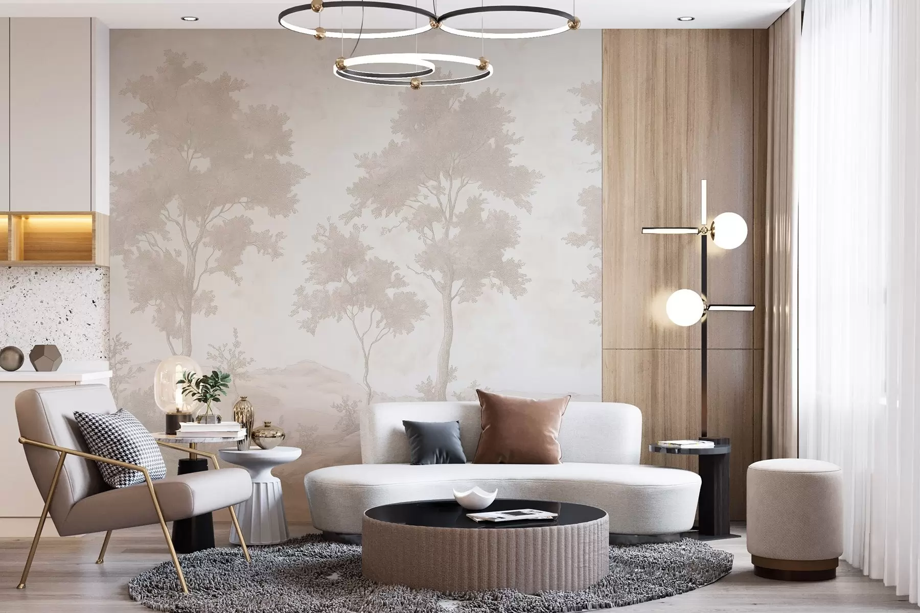 murales de pared Árboles en la colina, dibujo estilo pastel, colores beige, rústico w03550