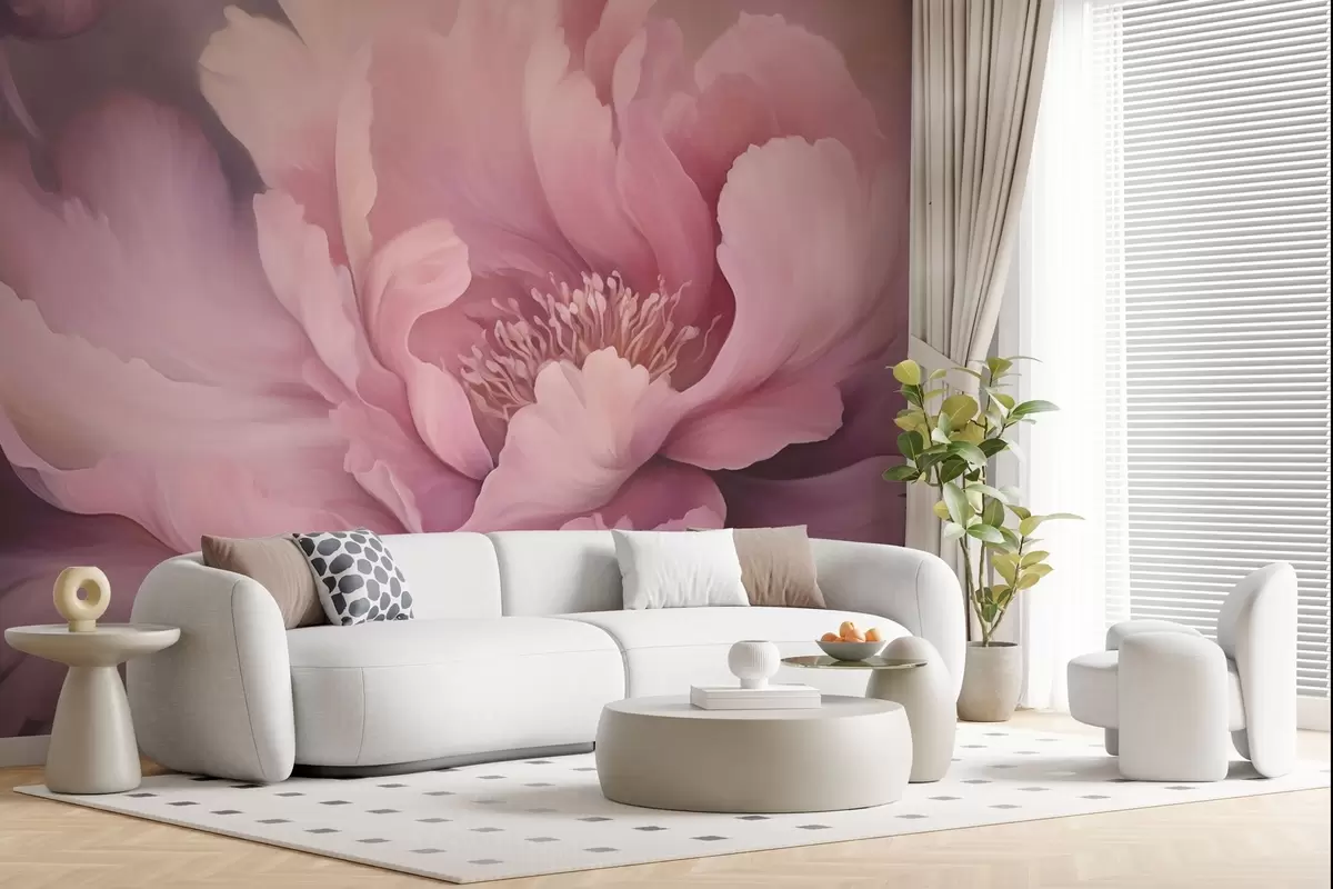 murales de pared Flor de peonía rosa pastel sobre fondo de niebla w03600