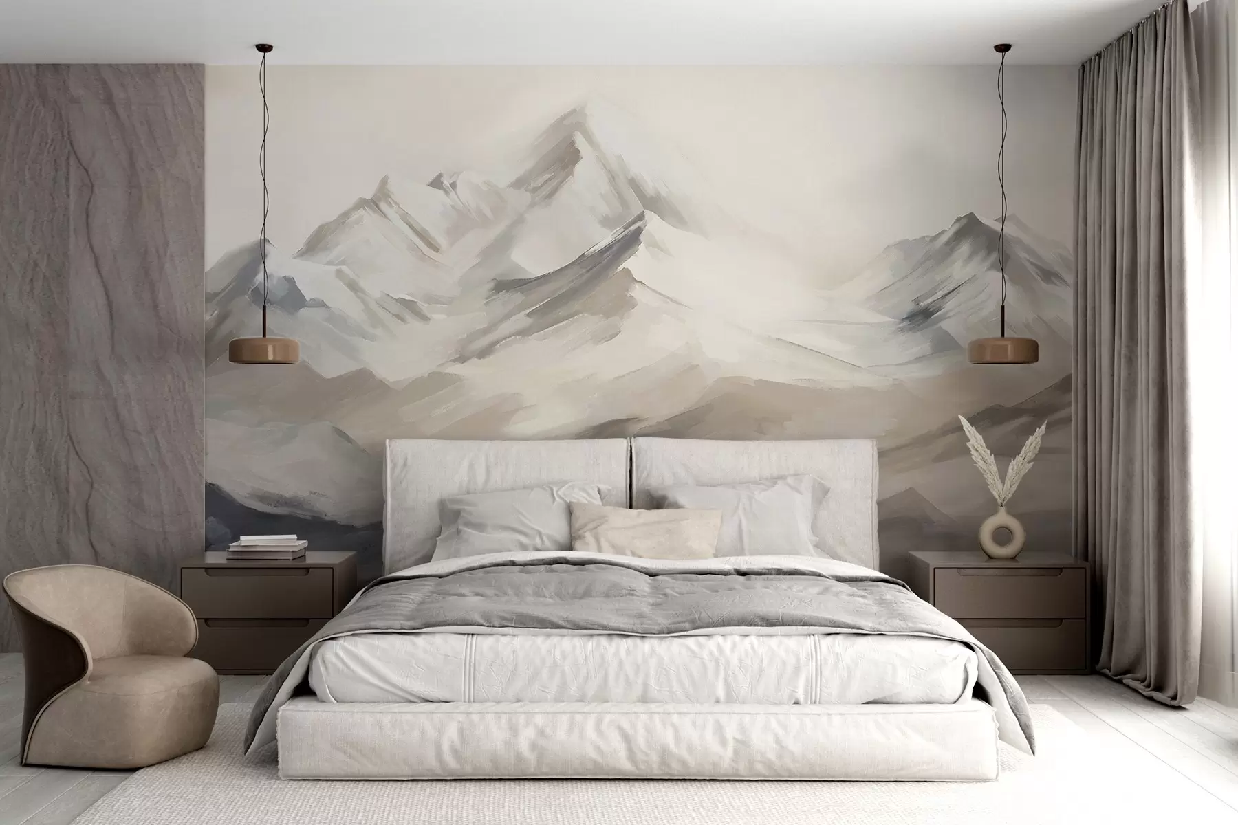 murales de pared Paisaje de montañas con cielo claro, pinceladas, colores neutros beige y gris, cordillera w08980