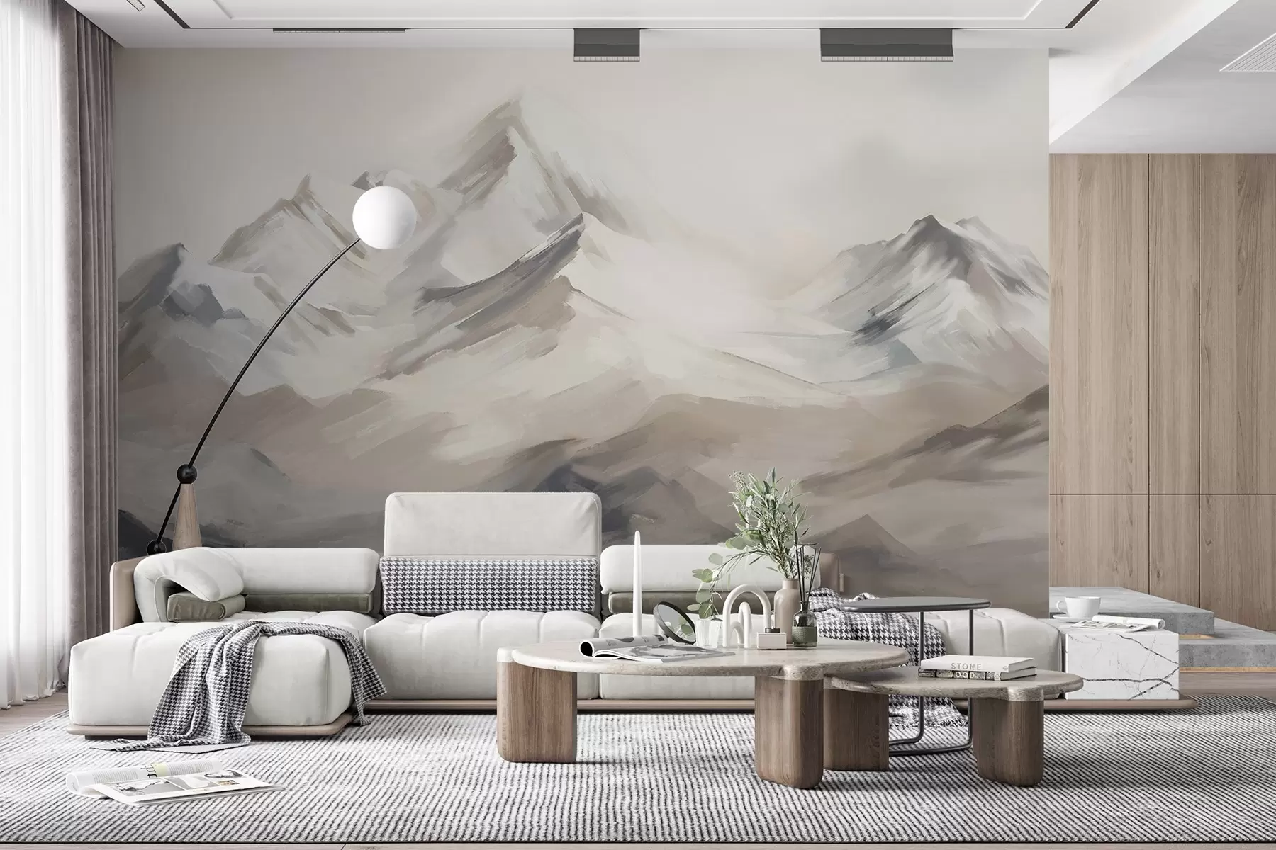 murales de pared Paisaje de montañas con cielo claro, pinceladas, colores neutros beige y gris, cordillera w08980