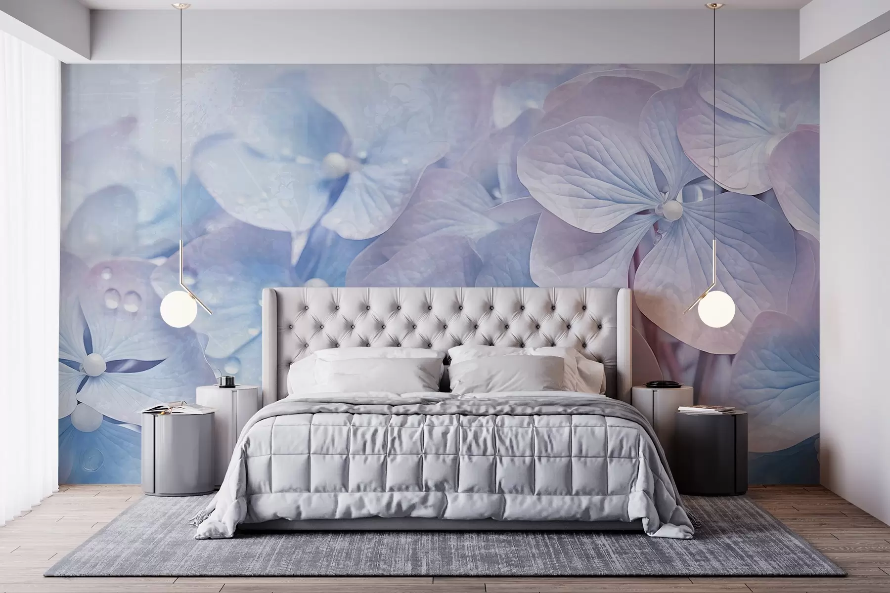 murales de pared Flores de hortensia azul y rosa con textura vintage y gotas de agua en los pétalos, fondo rosa difuminado w08981