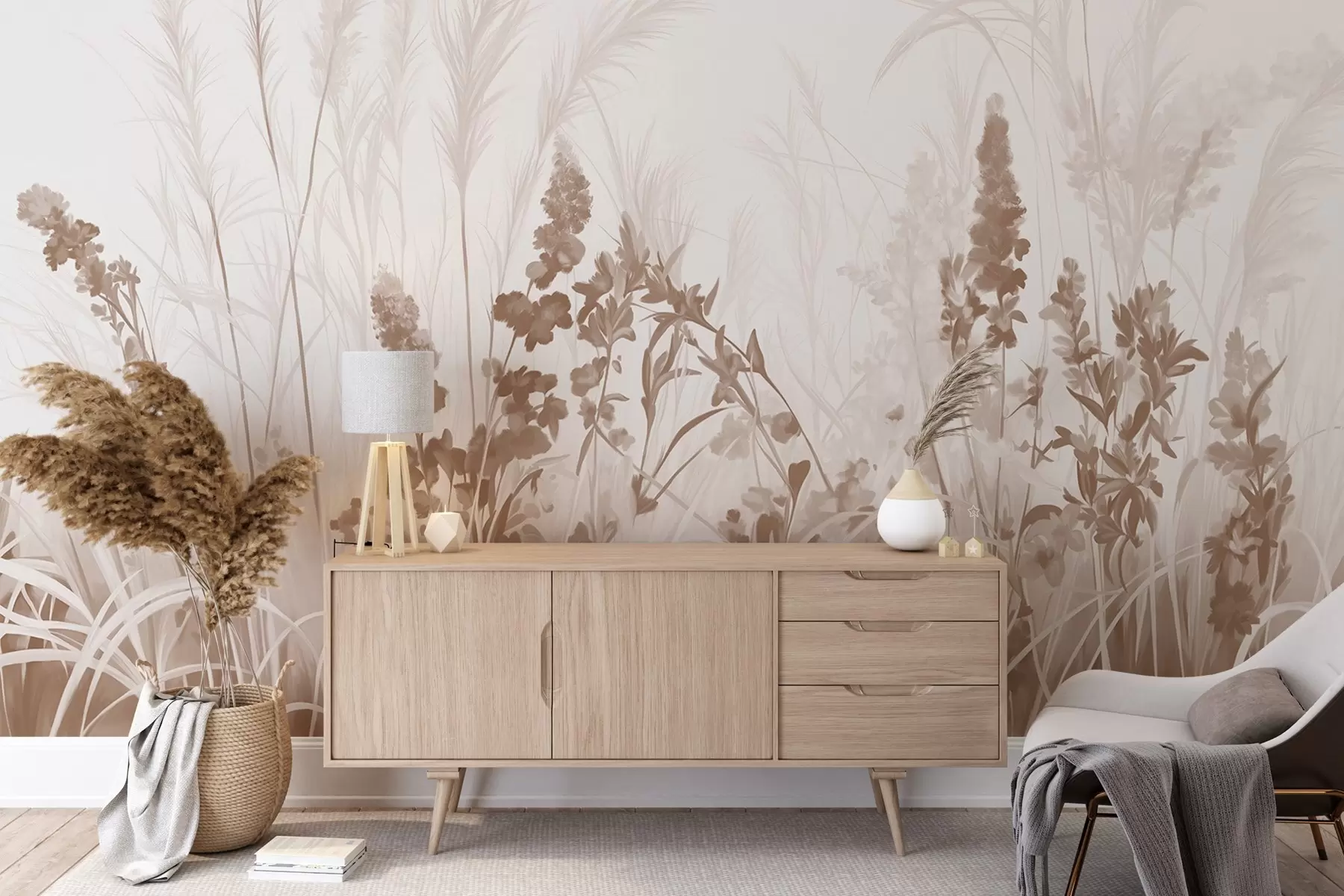 murales de pared Flores marrones y juncos beige en un campo, textura de pintura minimalista, fondo claro, colores suaves, pinceladas delicadas w08982v1