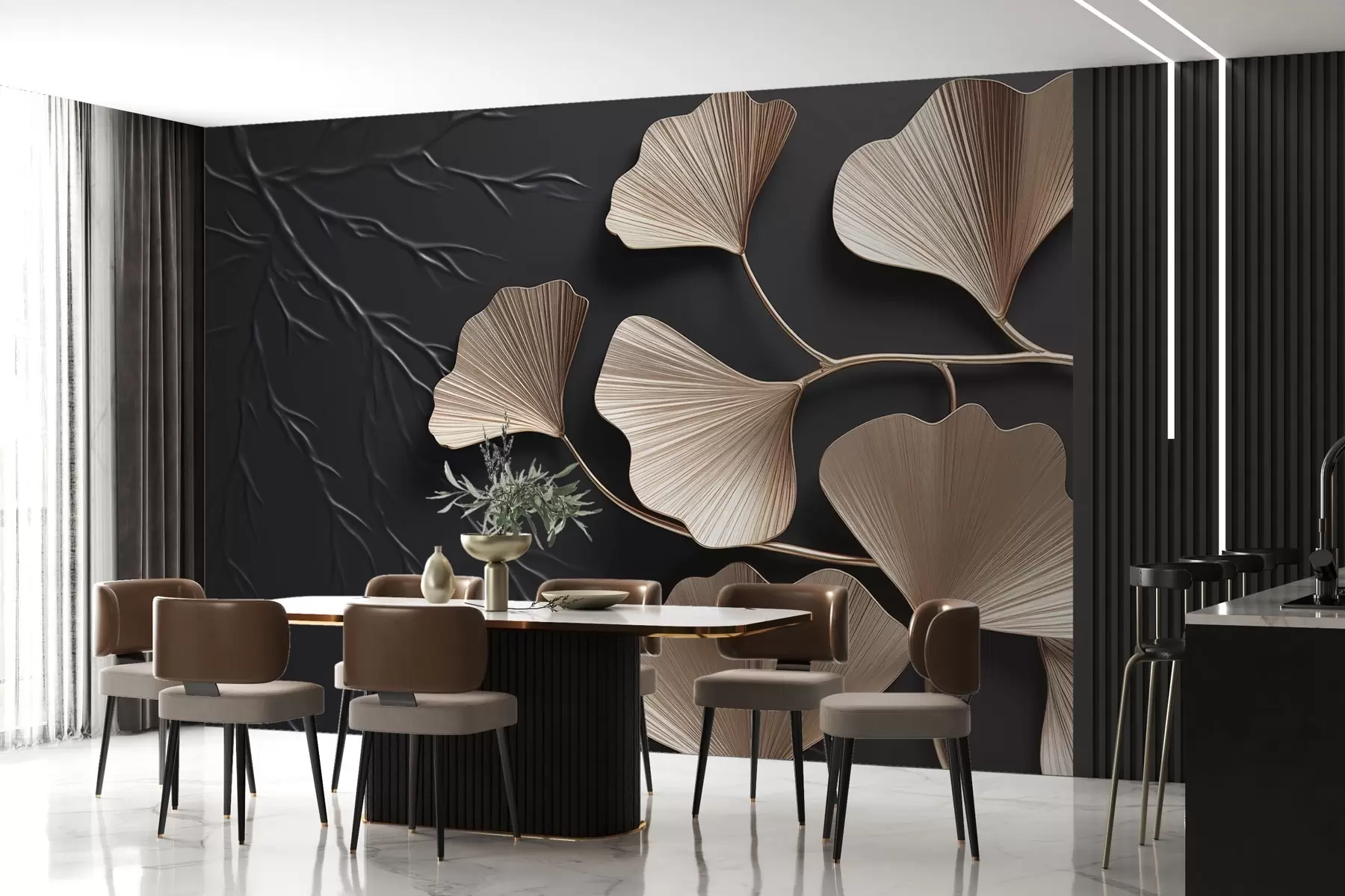 murales de pared Follaje volumétrico en una pared oscura con ramas w03650