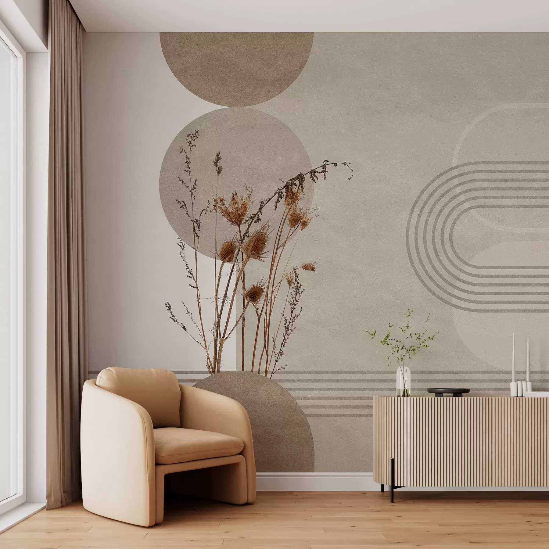 murales de pared geometría elegante y flores secas en tonos beige w03449