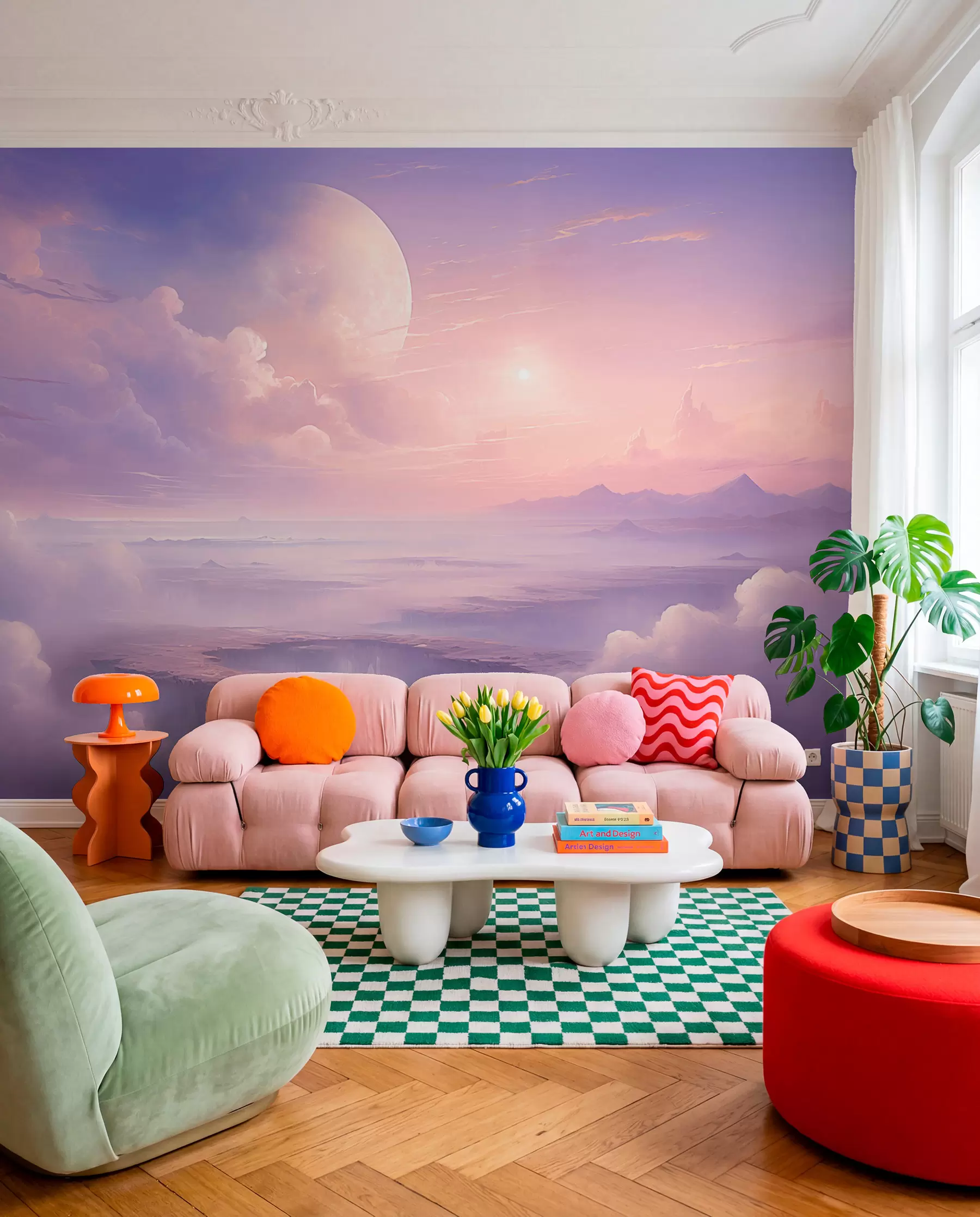 murales de pared Luna sobre nubes lilas w08986