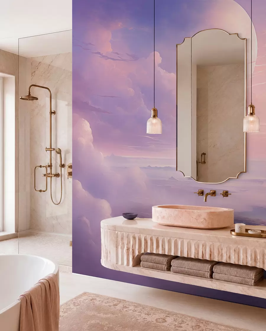 murales de pared Cielo mágico rosa púrpura con la luna y las nubes w08986