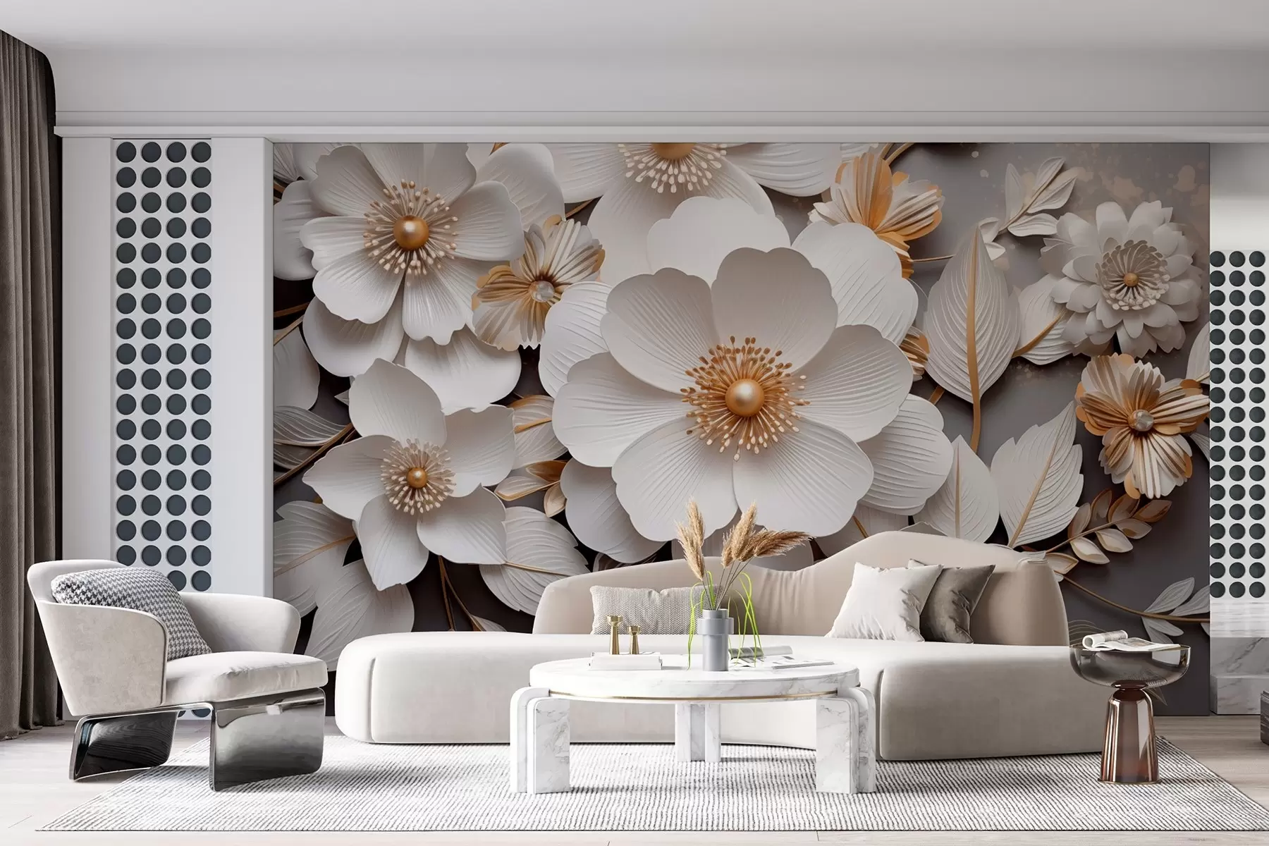 murales de pared flores 3D en estilo origami en tonos amarillo-gris w08993