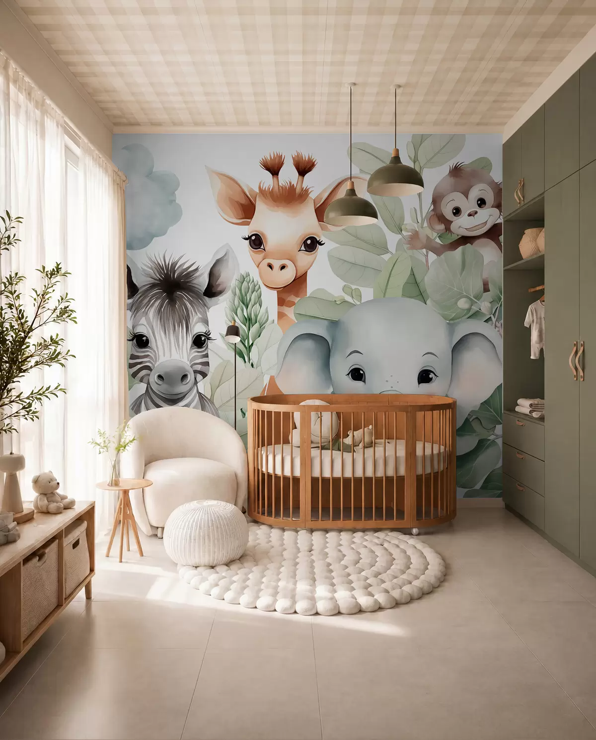 murales de pared Jirafa, cebra, elefante y mono entre el follaje w03677