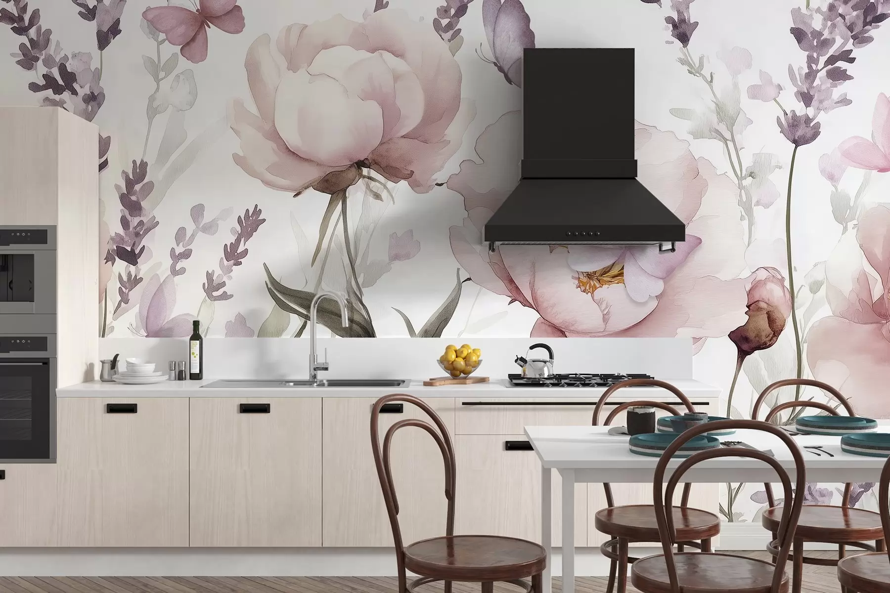 murales de pared Pradera de flores, peonías, lavanda, mariposas, estilo acuarela, colores rosados w03668