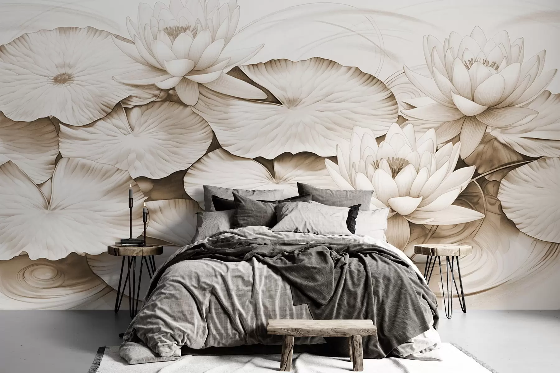 murales de pared Nenúfares y nenúfares en un estanque, marrón y blanco imitación de dibujo a lápiz, ilustración botánica detallada, arte de la naturaleza w09006v2