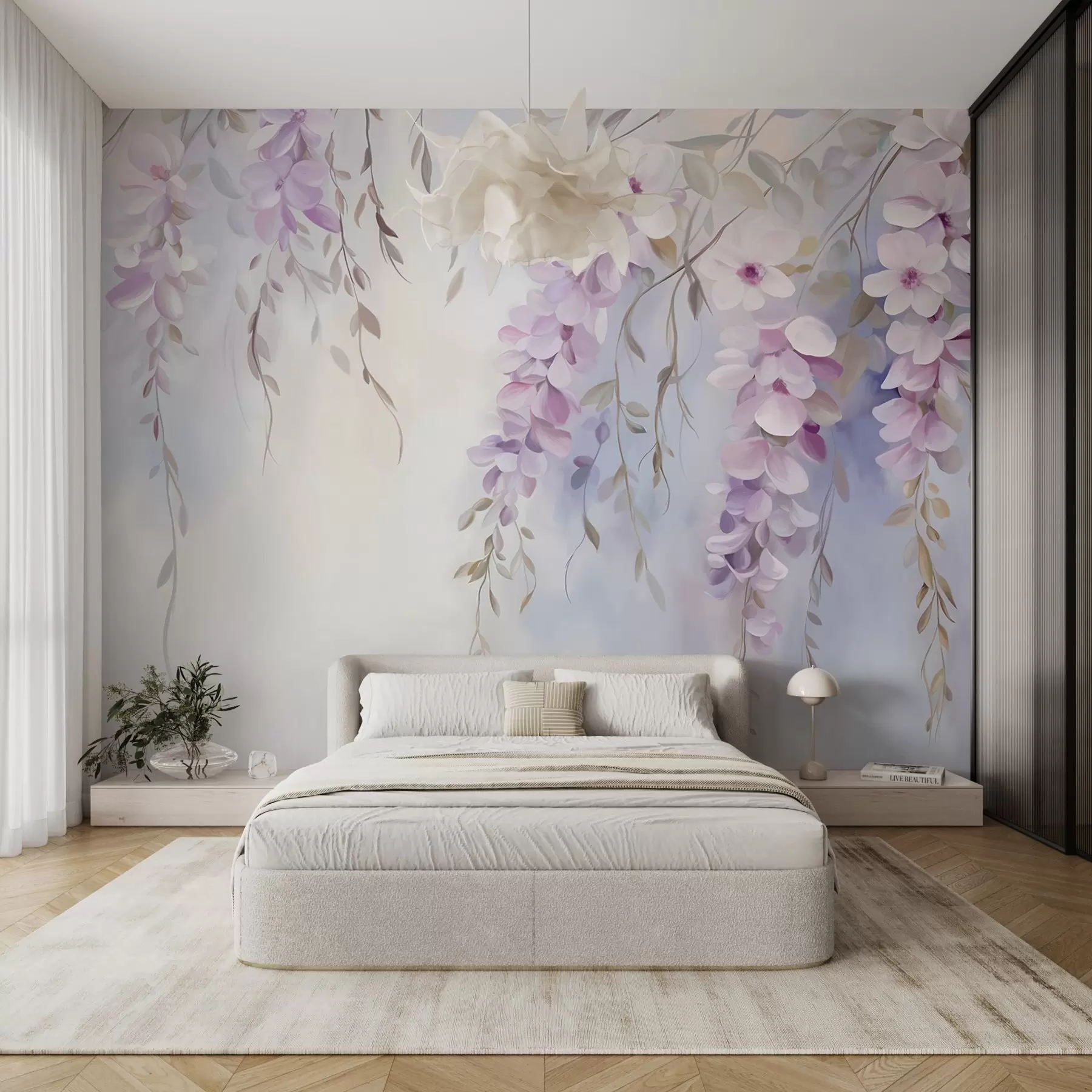 murales de pared Flores de glicinia con pétalos lilas y hojas verdes colgando de las ramas, suaves colores pastel, fondo color pastel w09010