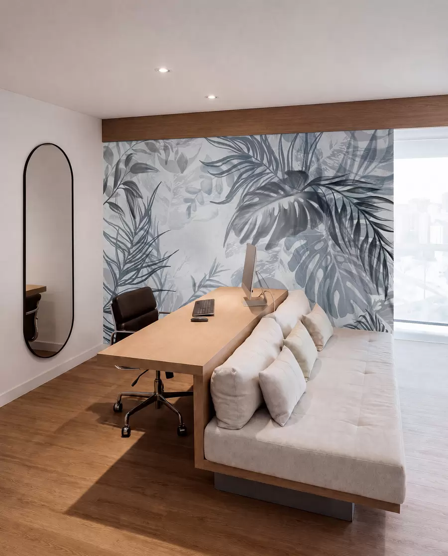 murales de pared Monstera y hojas de palma en tonos de azul y gris, botánico, follaje tropical, plantas de la selva, fondo texturizado w09011v1