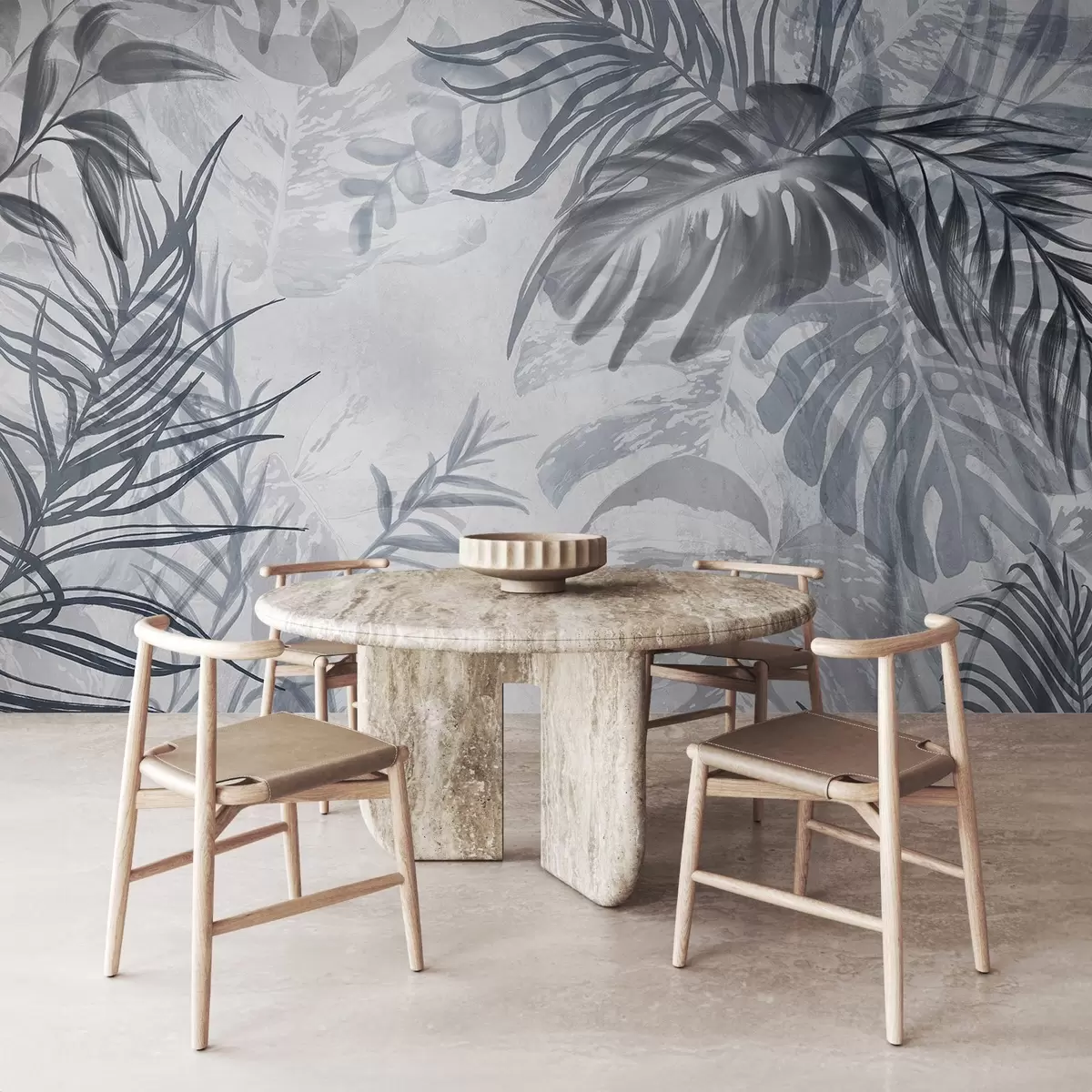 murales de pared Monstera y hojas de palma en tonos de azul y gris, botánico, follaje tropical, plantas de la selva, fondo texturizado w09011v1