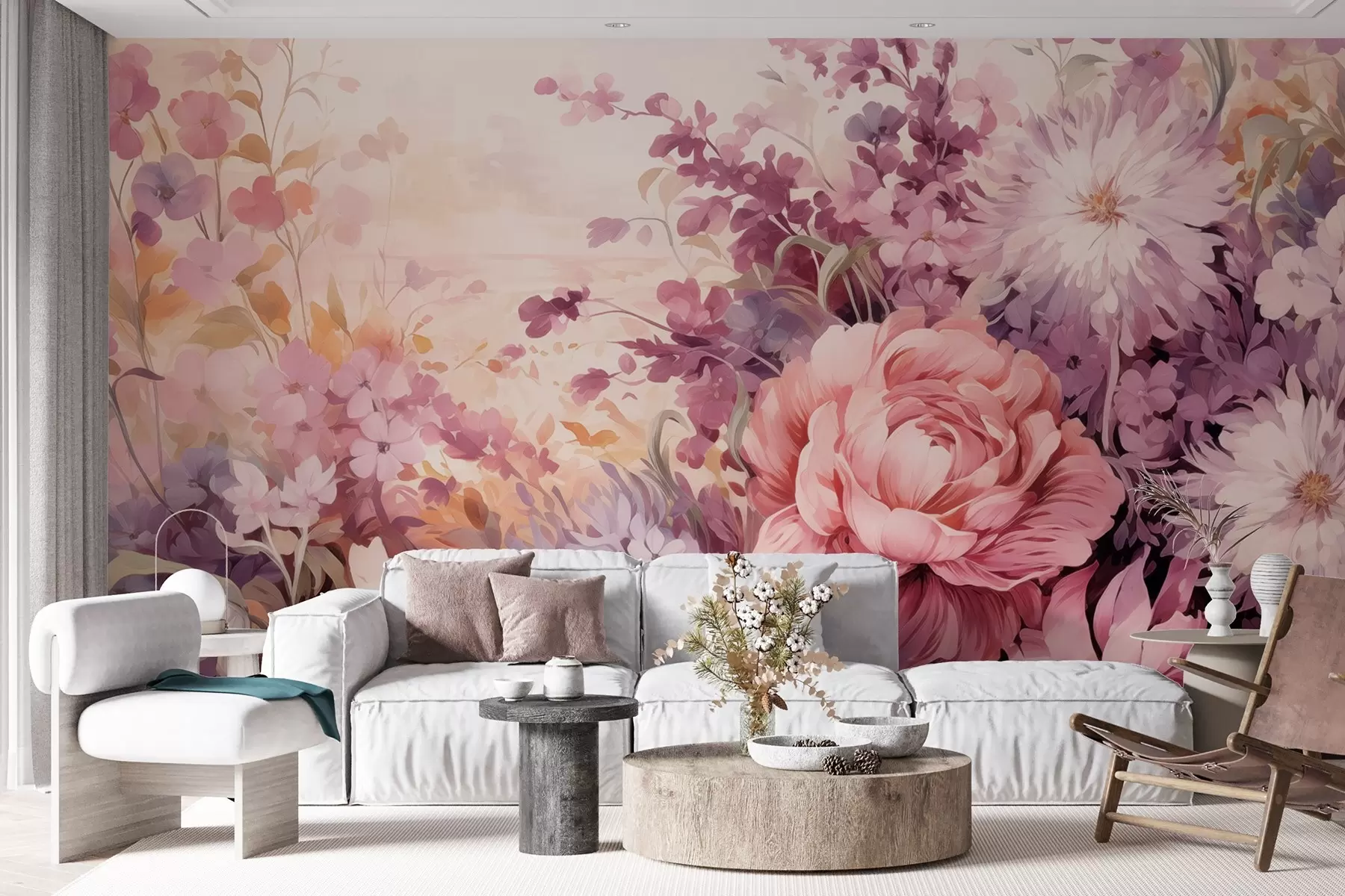 murales de pared Flores coloridas en tonos rosas y morados: lilas, peonías, crisantemos w09039