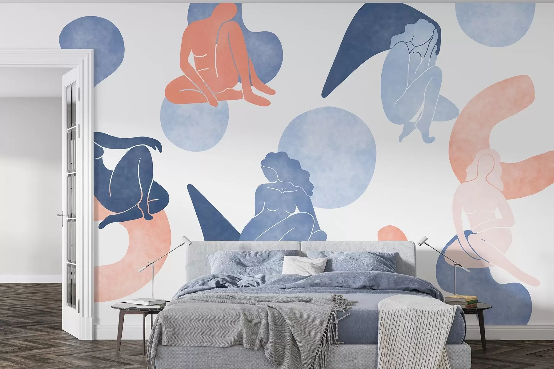 murales de pared Abstracciones geométricas con siluetas femeninas, estilo boho, azul, beige, rosa w03753v1