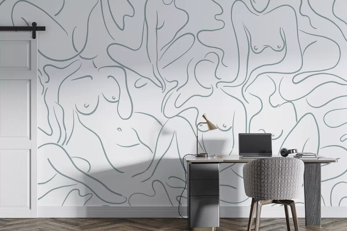 murales de pared Dibujo lineal siluetas anatómicas, abstracción, color azul w03755v1