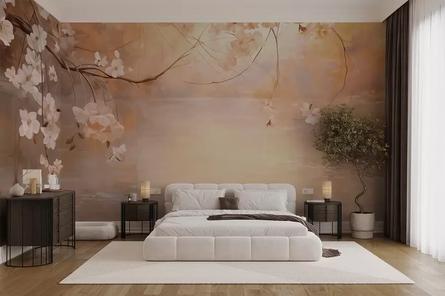 murales de pared Arte abstracto del paisaje con la rama de la flor y las flores blancas que cuelgan sobre un lago, colores pastel suaves w09046