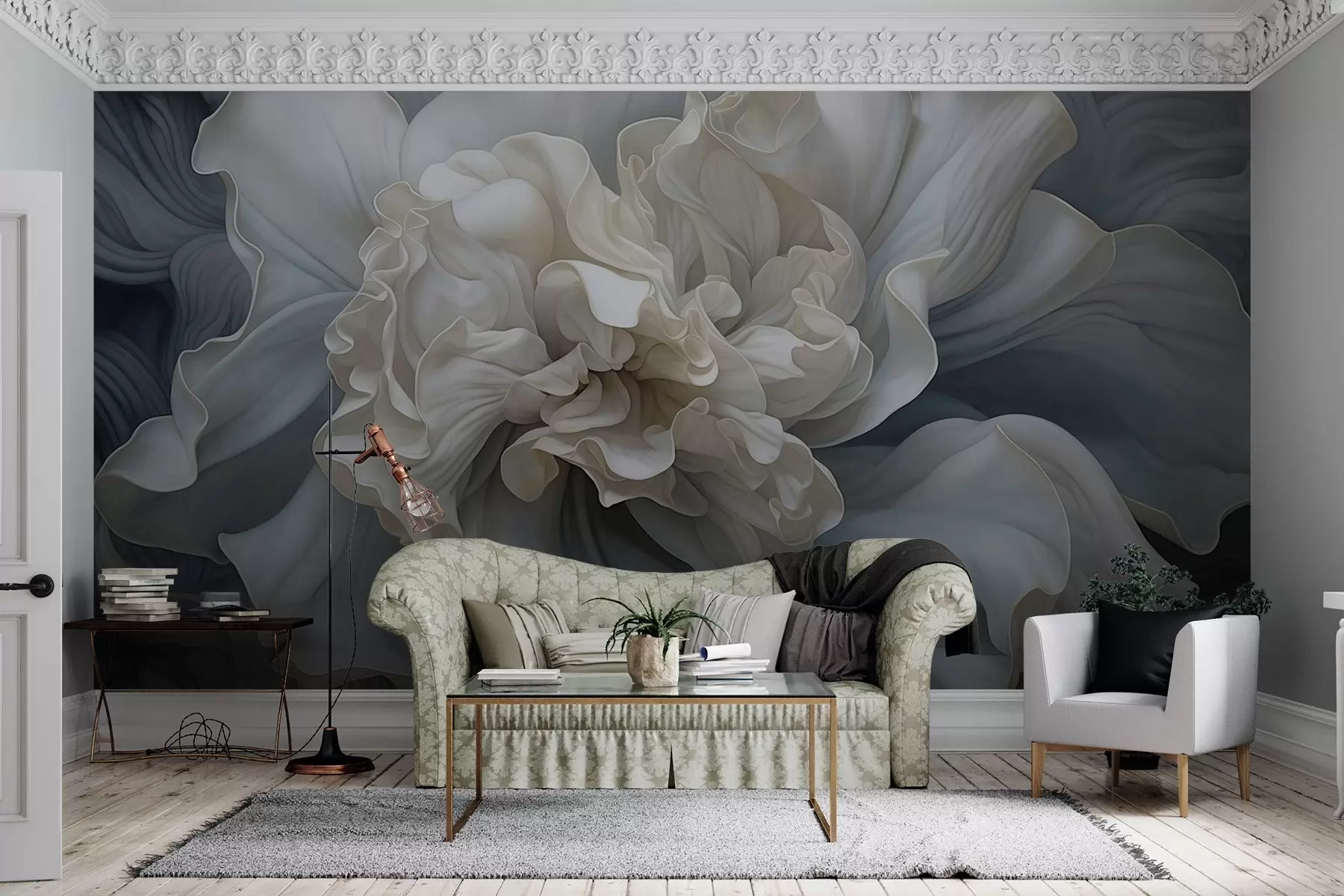 murales de pared Abstracto gran flor decorativa con muchos pétalos, suave y delicado, con tonos azules y grises en el fondo w09055