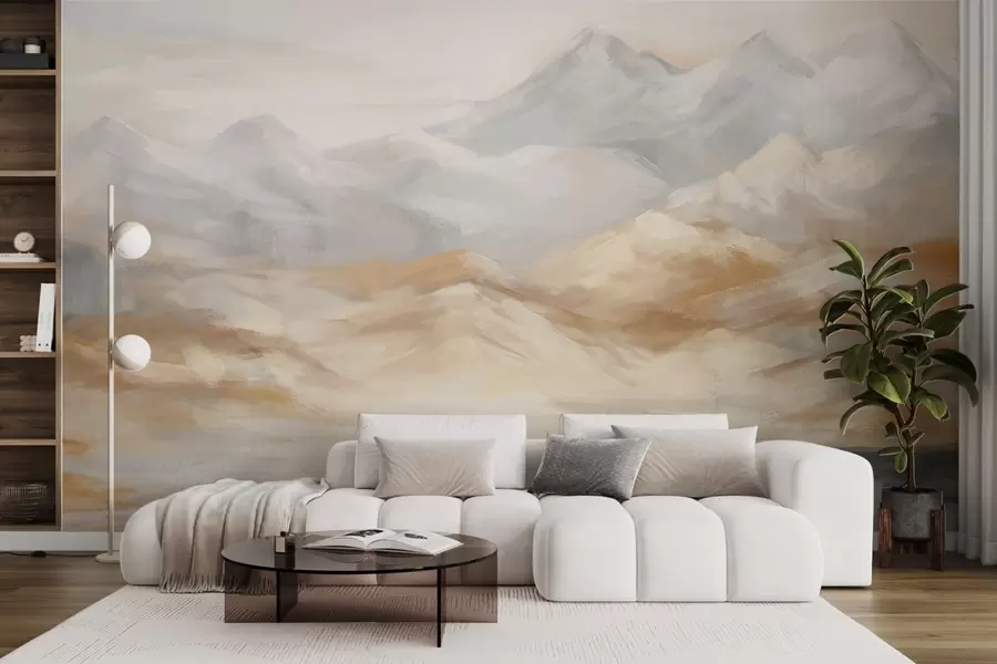 murales de pared Paisaje texturizado de montañas con un lago en primer plano, en tonos blancos, grises y marrones w09057