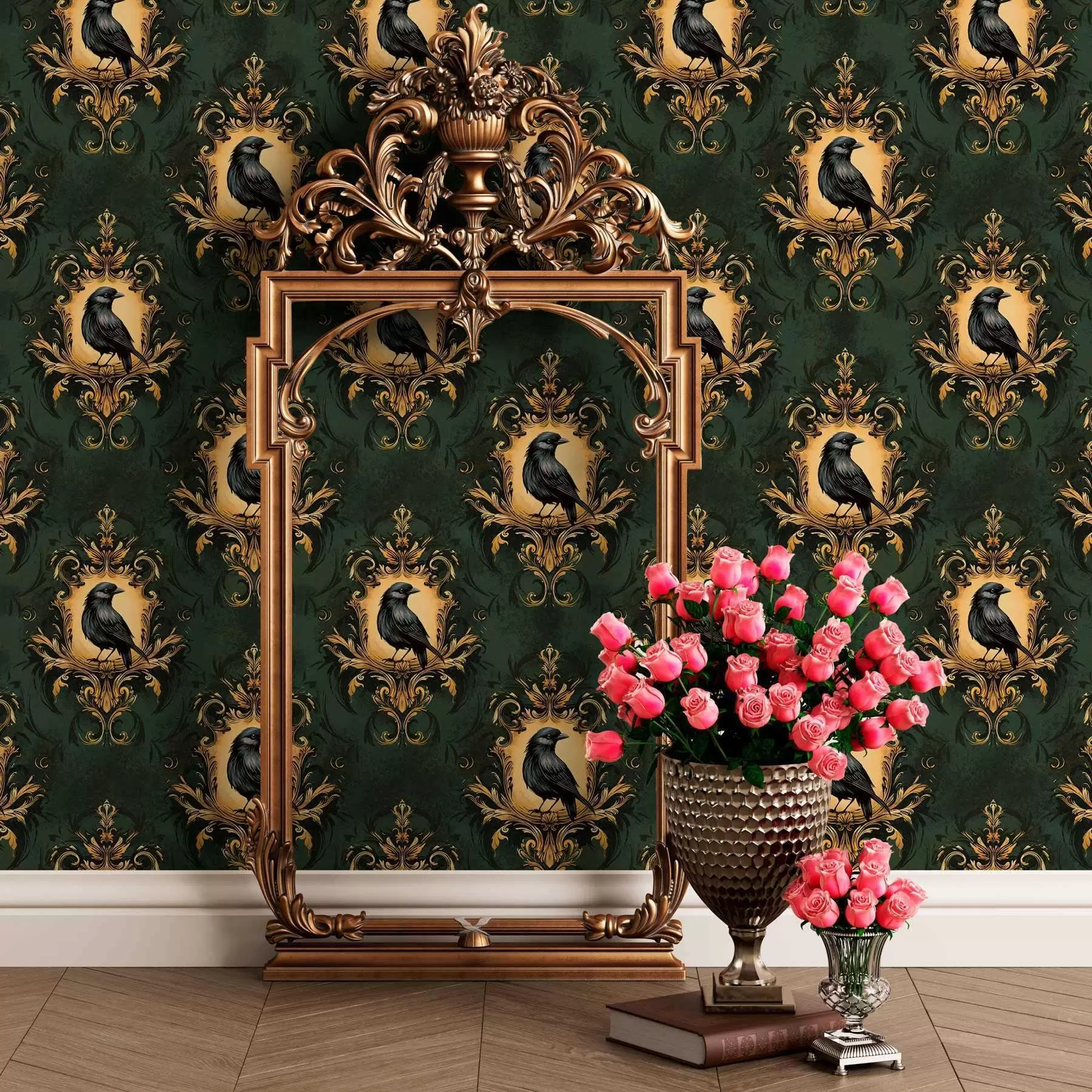 murales de pared Cuervo en un marco sobre fondo verde a00105