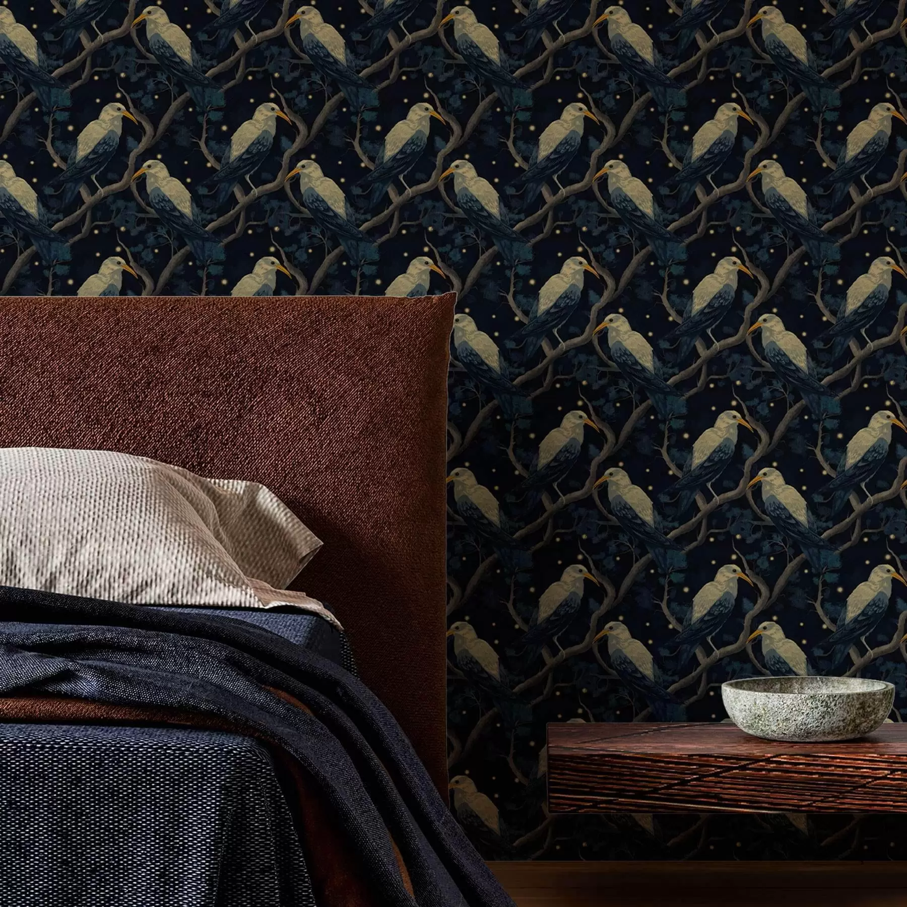 murales de pared Pájaros nocturnos sobre ramas y estrellas sobre fondo azul oscuro a00109v1