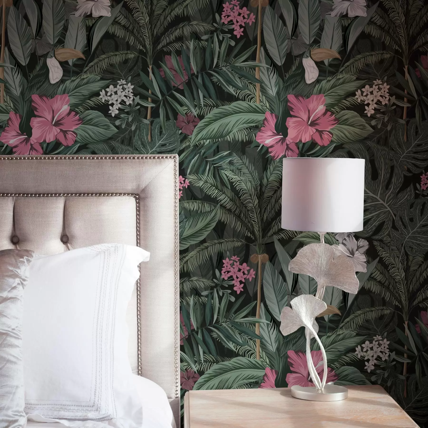murales de pared Hojas tropicales y pájaro sobre fondo oscuro a00140