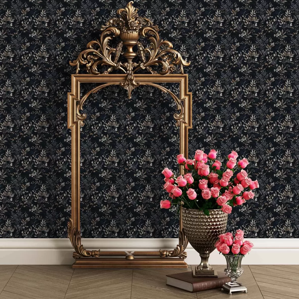 Papel pintado Estampado floral clásico en colores claros sobre fondo oscuro a00166v2