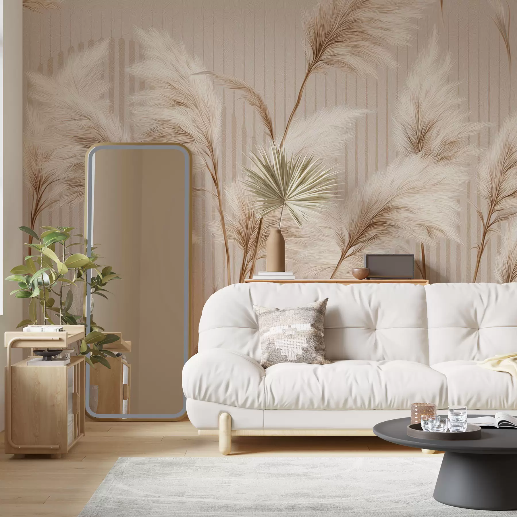 murales de pared Hierba de la Pampa sobre un fondo de líneas en tonos beige w09104