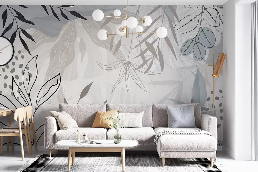 murales de pared Diseño floral abstracto moderno con hojas de color beige pastel, gris, azul y negro, delicado arte lineal y fondo suave w09105