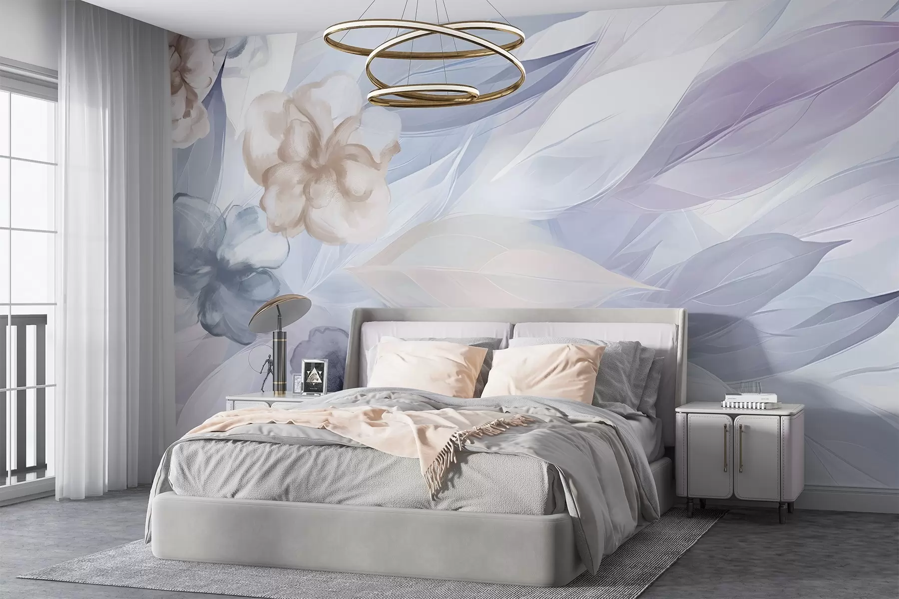 murales de pared Delicadas flores y hojas en tonos blancos, azules, púrpuras y beige fondo floral , colores suaves, delicados pétalos w09111