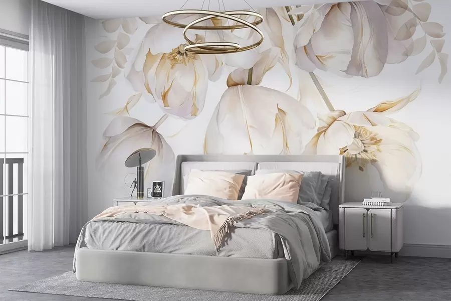 murales de pared Tulipanes blancos con pistilos amarillos, delicados pétalos, elegante arreglo floral, delicada composición, sobre fondo blanco w09112