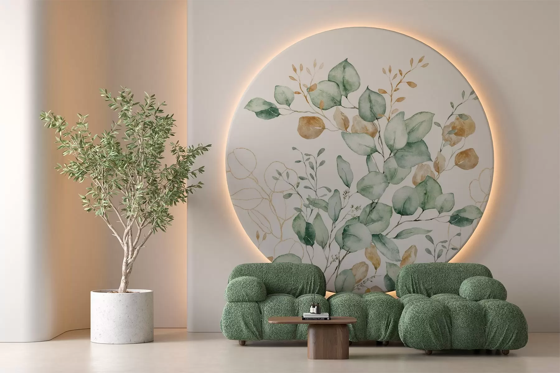 murales de pared Vegetación y ramas imitación de acuarela texturizada, tonos verdes y amarillos w03927