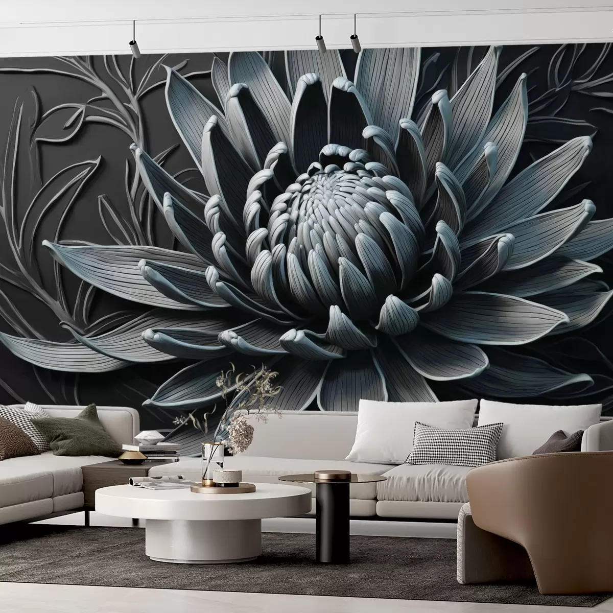 murales de pared Flor de protea, color azul y negro w03930v2