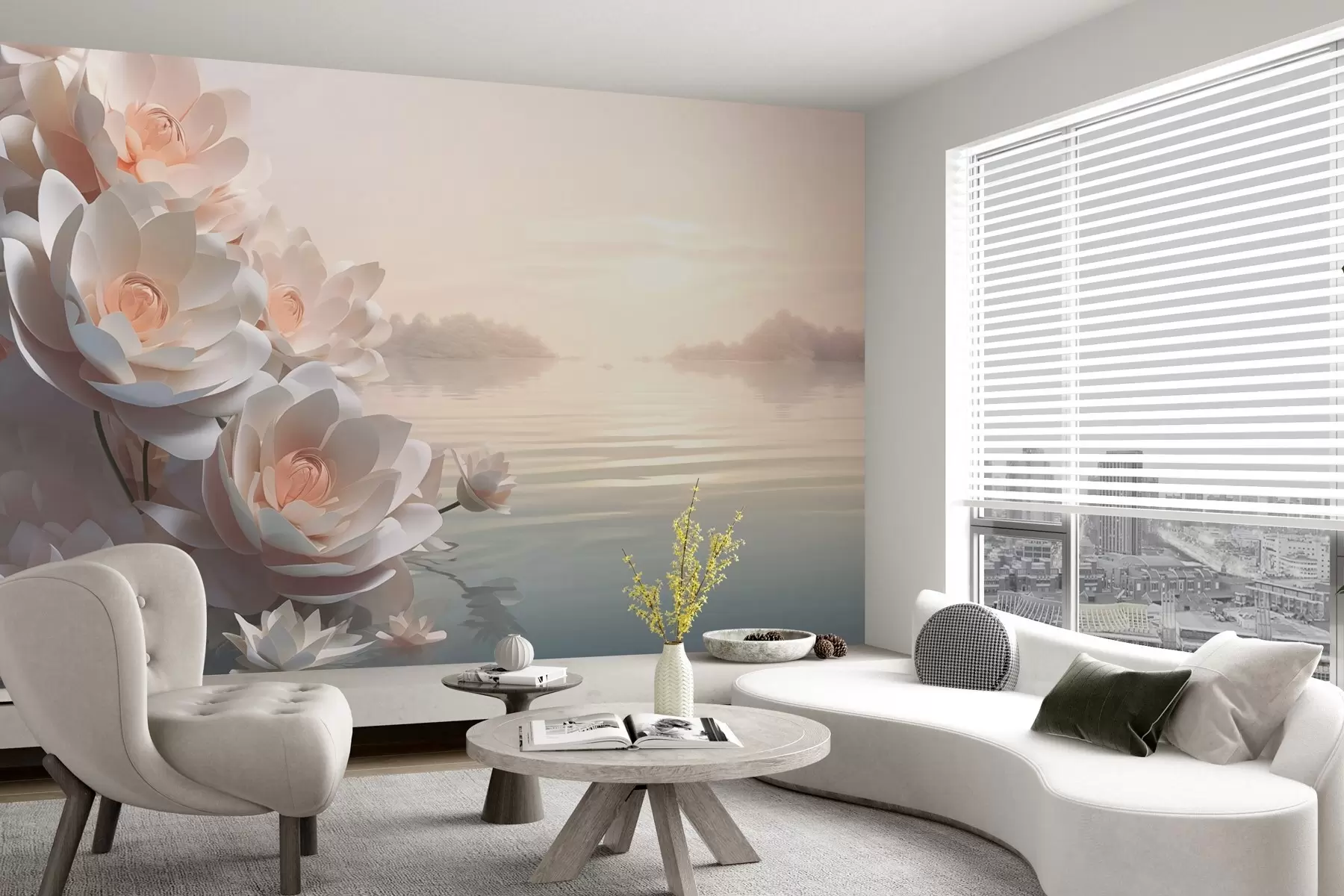 murales de pared Lotos pastel en el agua bajo el cielo del atardecer w03988