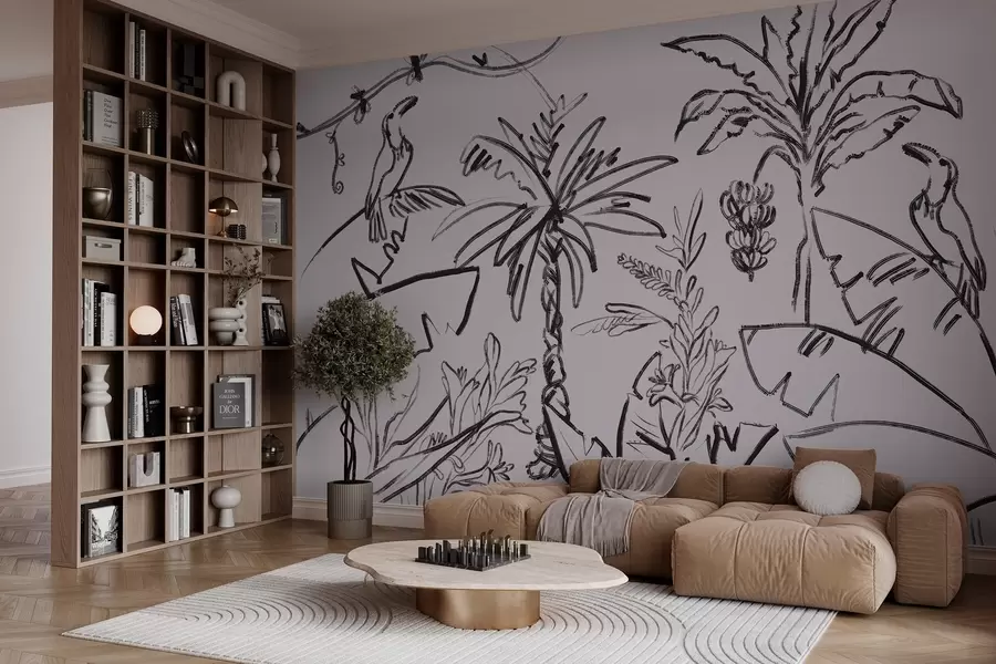 murales de pared Motivo tropical en color negro, palmeras, plátanos, contorno gráfico w04020v7