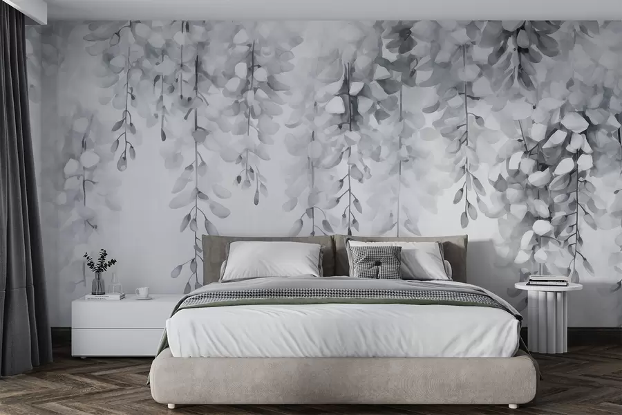 murales de pared Acuarela monocroma con glicinas en cascada en tonos plateados y blancos fríos, que evocan la quietud y la suavidad invernal w04034v1